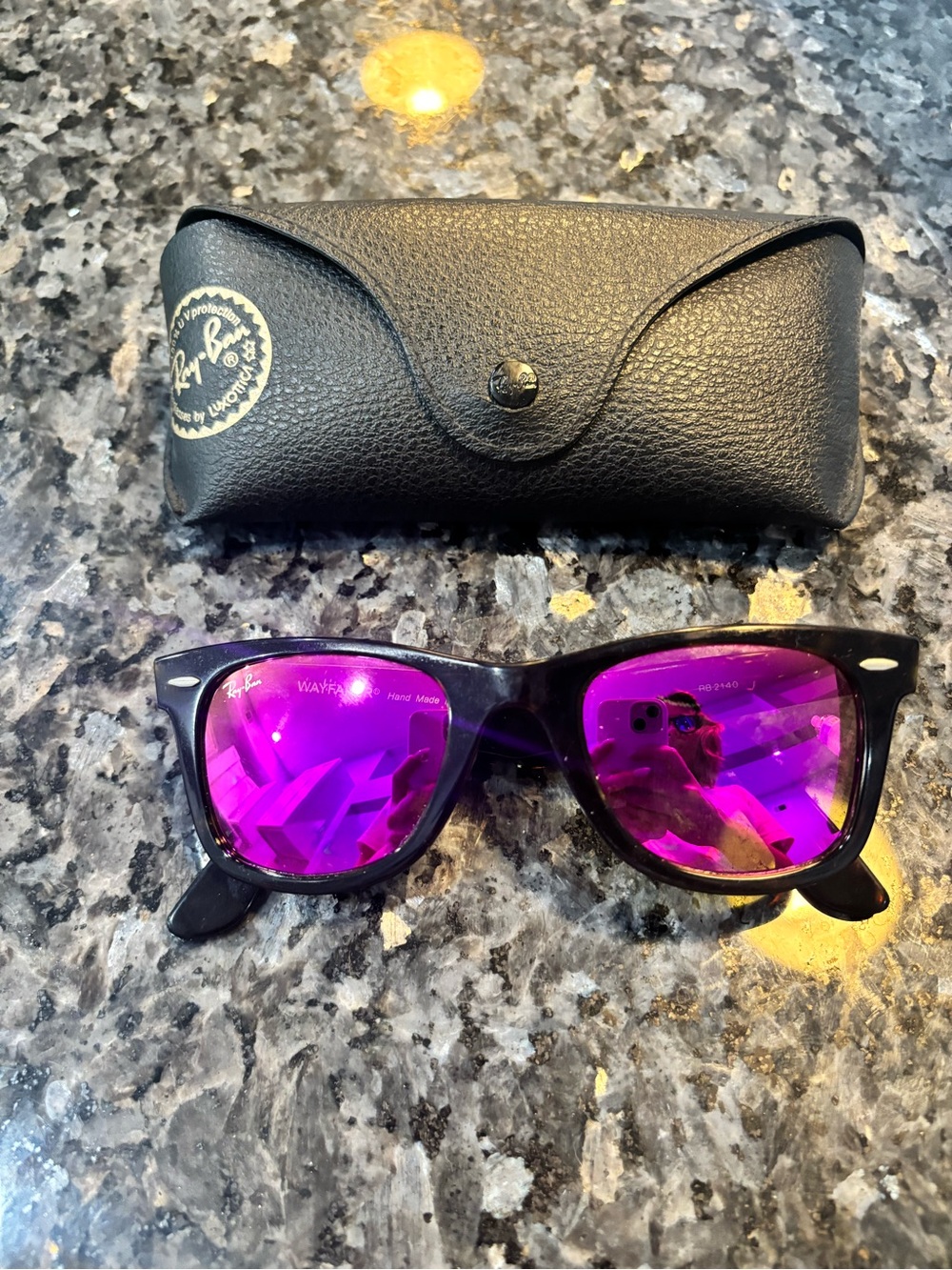 Ray-Ban Black Frame Sunglasses with Purple Mirror Lenses